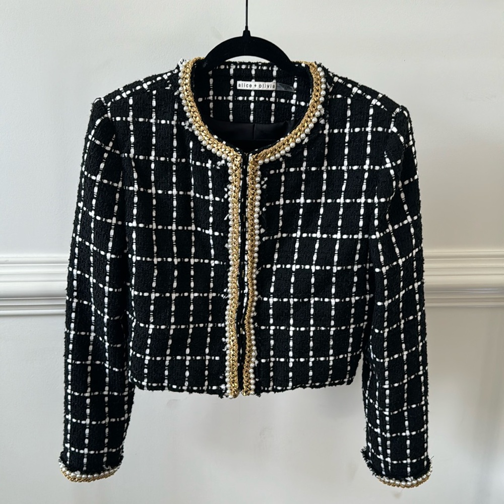 Alice + Olivia Sabina Chaij Trim Tweed embellished pearl cropped jacket